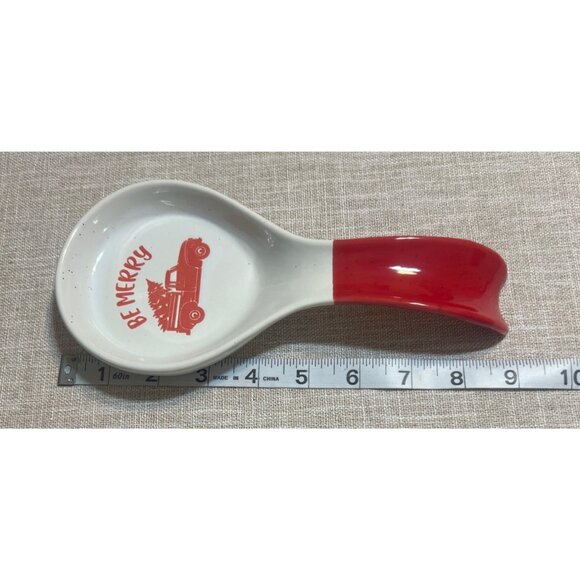 Ceramic Be Merry Spoon Rest Red Handle Truck Design Christmas Tree 9" - Picture 5 of 5